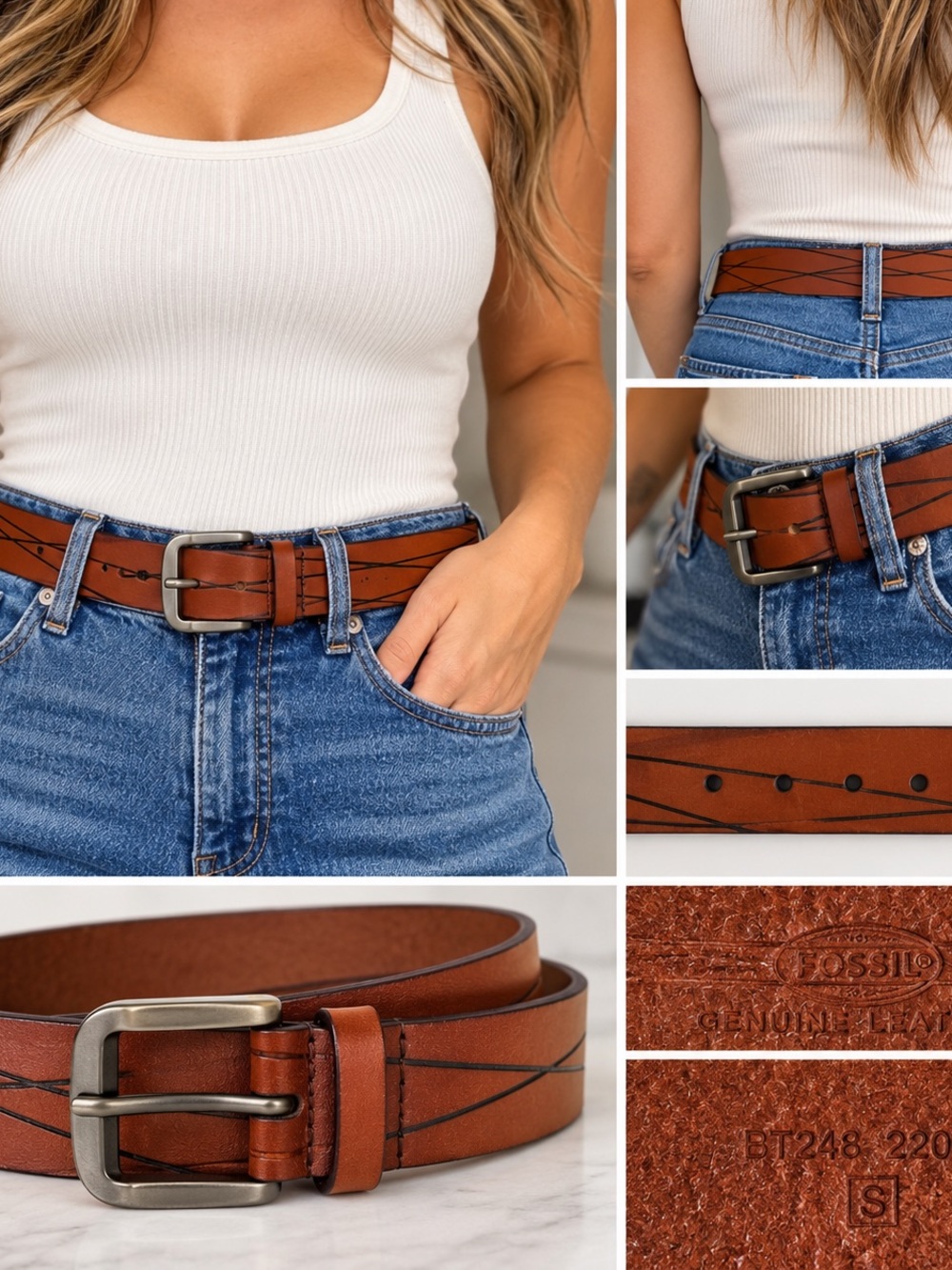 Fossil Genuine Leather Brown Cognac Belt BT248 Etched Western Boho Vintage